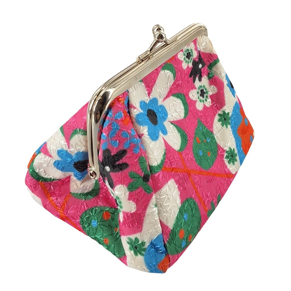 Vintage Style Pink Floral Jaquard Kiss Lock Coin Purse Pouch